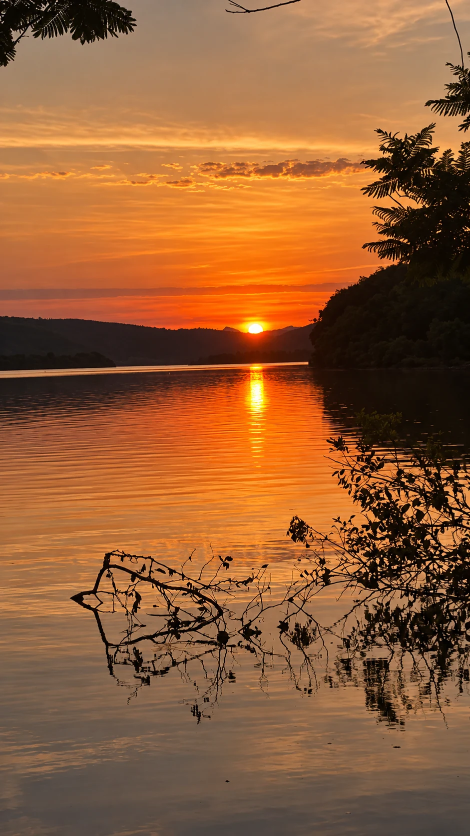 Pôr do sol refletido nas águas, entre morros e silhuetas de galhos