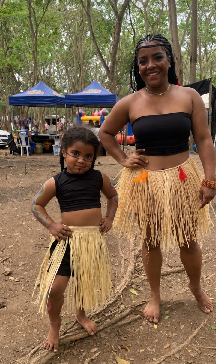 Mulher e criança da comunidade em atividade no território